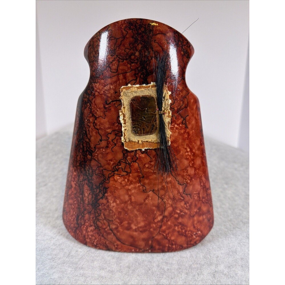 Deb Burckhard Signed Horse Hair Pottery Vase Turning Leaf Design Red Textured